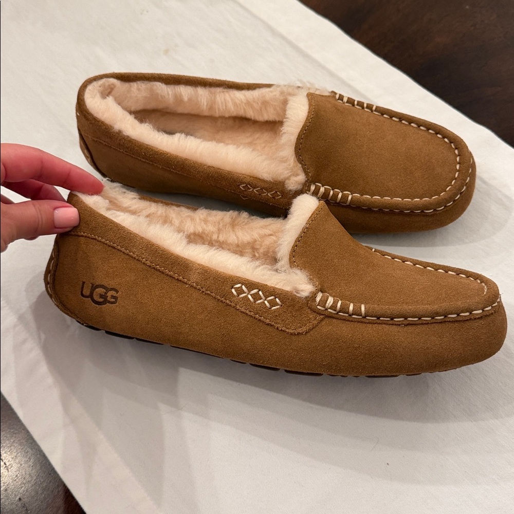 UGG Chestnut Brown Suede Shearling Lined Moccasin Slippers - Picture 3 of 6